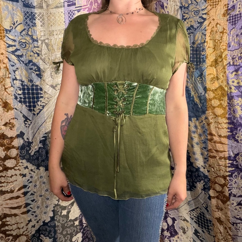 Silk Green Velvet Lace Up Corset Renfair Goth Fairy Babydoll Blouse Size XL - Picture 13 of 14